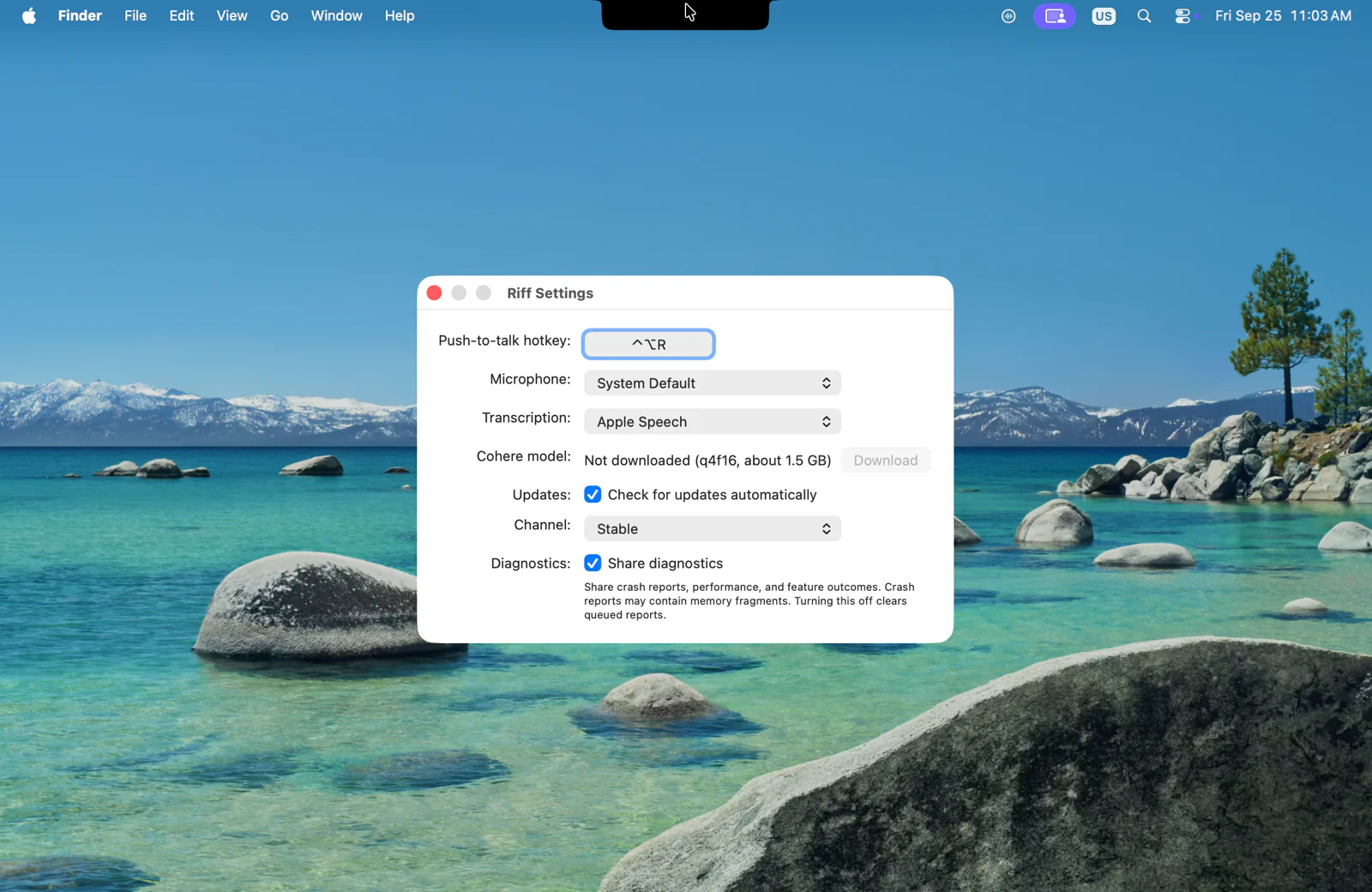 Riff Settings on a Mac, with the push-to-talk hot key, the microphone, and the transcription engine